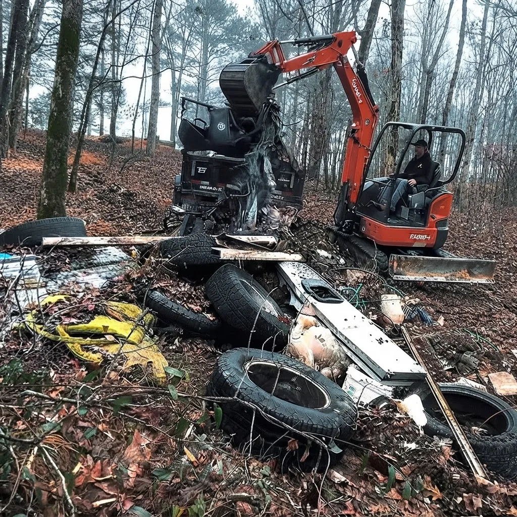 Excavator bucket clearing a pile of old tires and junk out of the woods