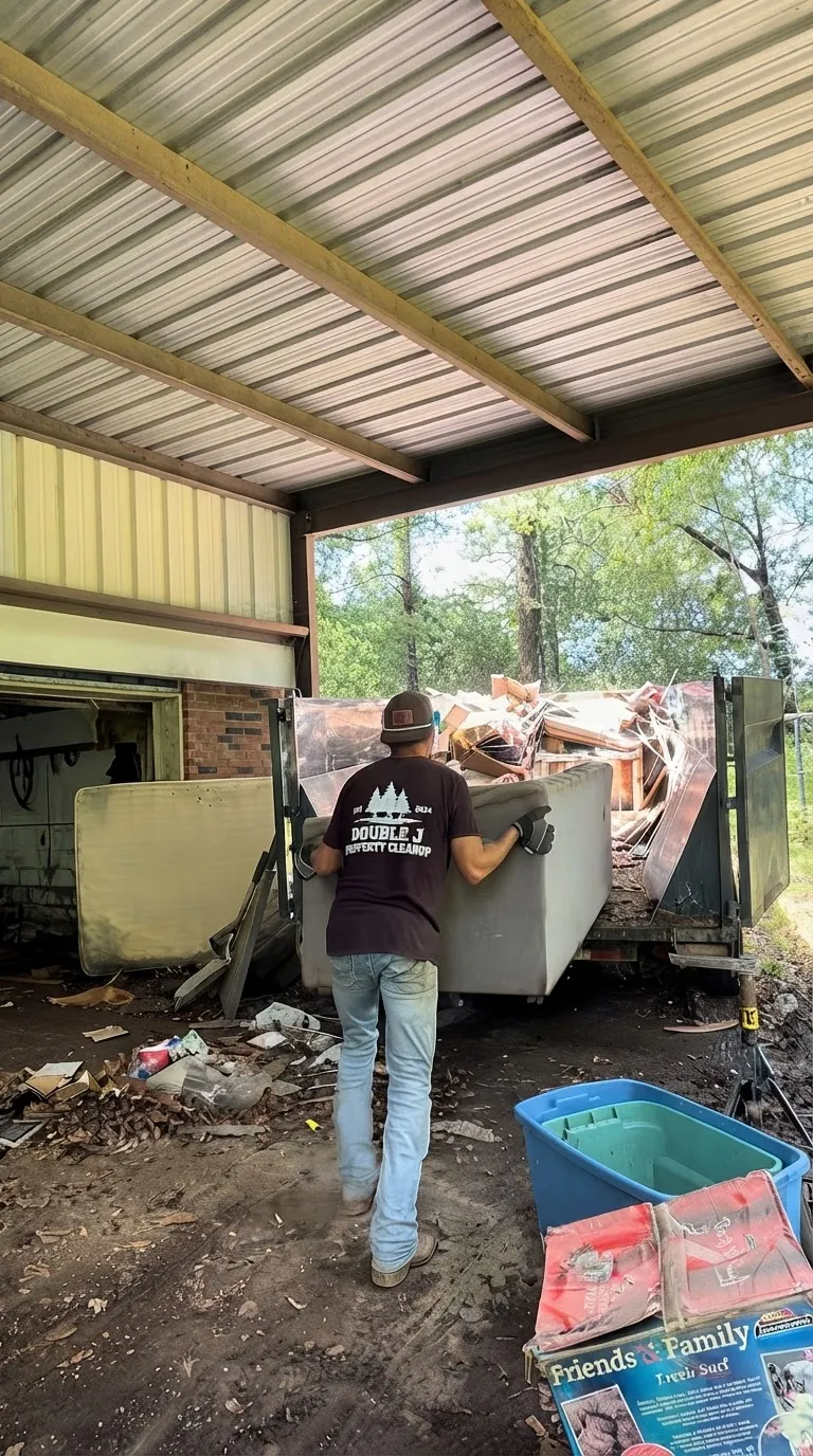 Double J crew loading an old couch onto a junk removal trailer