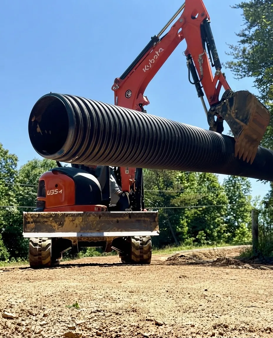 Excavator setting a large corrugated drainage pipe